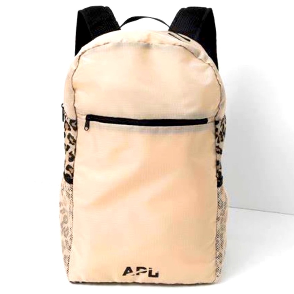 APL packable back pack. Cream with Leopard print.